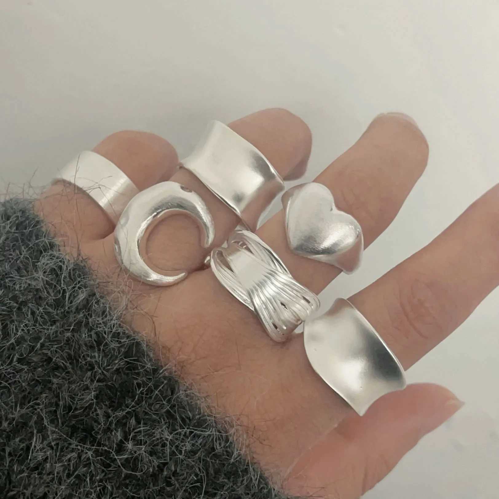 925 Sterling Silver Rings for Women Couple Minimalist Handmade Simple Wide Moon Ring Set Party Jewelry Gift Prevent Allergy W250207