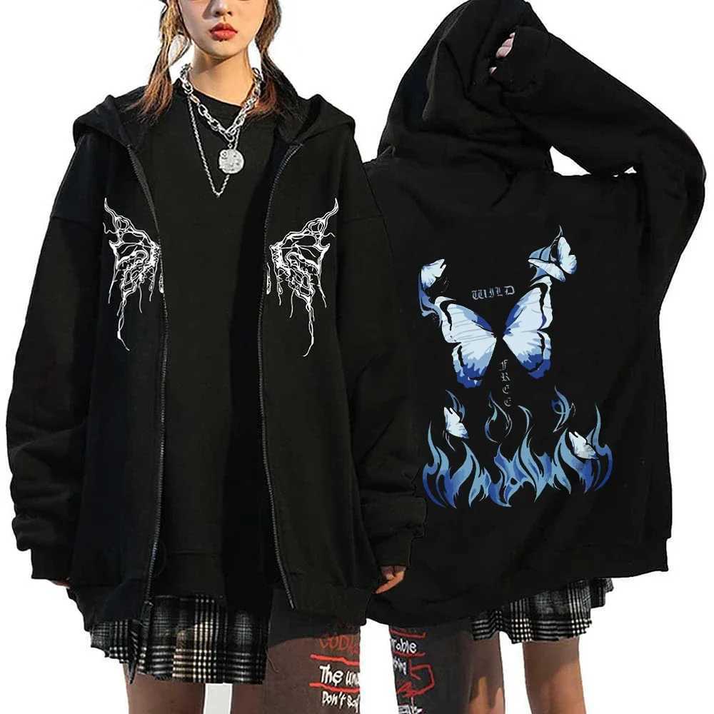 Womens Vintage Butterfly Print Hoodies Autumn Winter Zip Up Long Sleeve Pocket Loose Sweatshirt Y2K Female Gothic Streetwear W250207