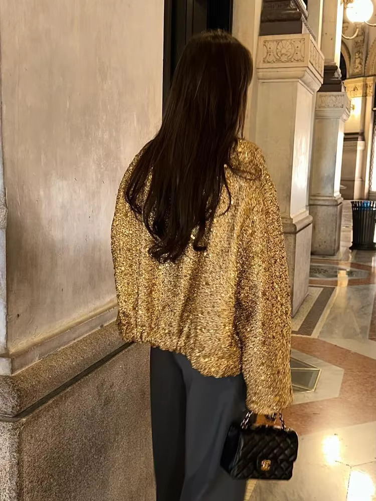 Fashion Gold Sequins Bomber Jacket For Women 2025 Chic Stand Collar Long Sleeve Coat Female Winter Autumn Lady Street Outerwear