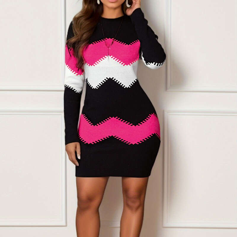 European American women's mid to short skirt, round neck, long sleeved printed knitted hip hing dress, 2024 new style, chic and elegant clothing