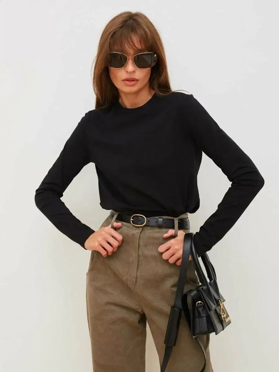 Wolfeel Womens Spring Autumn 100% Cotton T-shirt Bottoming Basic Solid Lady Long Sleeve Loose Tops Shirts Oversized T Shirt 250207
