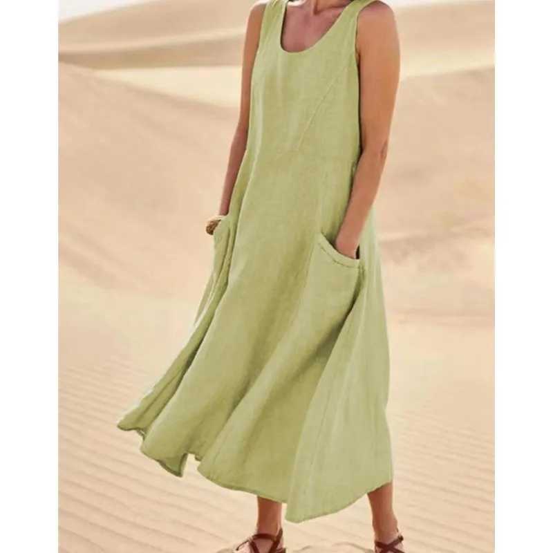 Summer Pocket Sveless Round Neck Womens Cotton And Linen Dress Lady Loose Solid Color Pullover Big Swing Orange Red DressXJ2500207