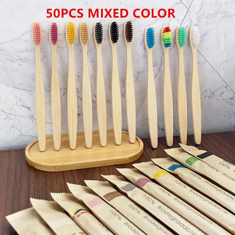 50pack Bamboo Toothbrush Set Single Cowhide Wrapped Natural and Environmentally Friendly Bamboo Toothbrush Tablet 250206