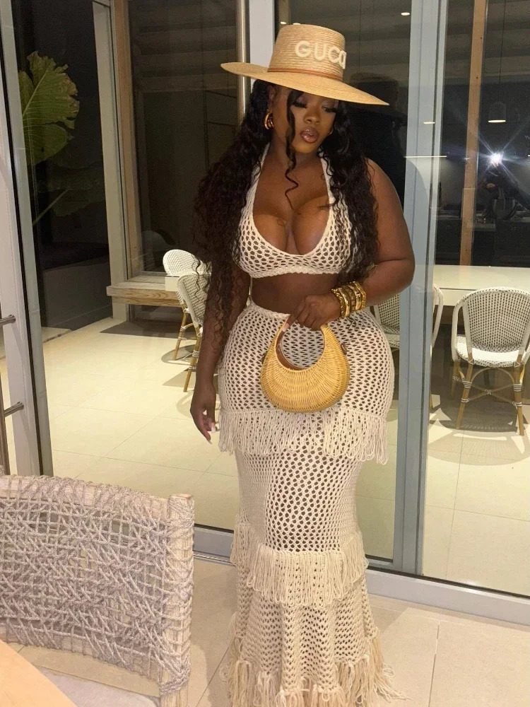 Leosoxs Beach Vacation 2 Piece Set Knit Women Y2K See Through Halter Low-Neck Tank TopTassel Multilayer Skirts Sexy Clubwear 250206