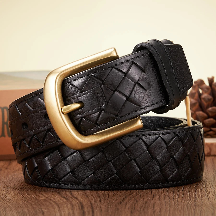 3.8cm Copper Buckle er Cowskin Real Genuine Leather Belts For Men Woven Cowboy Braided Male Strap for Jeans 250122