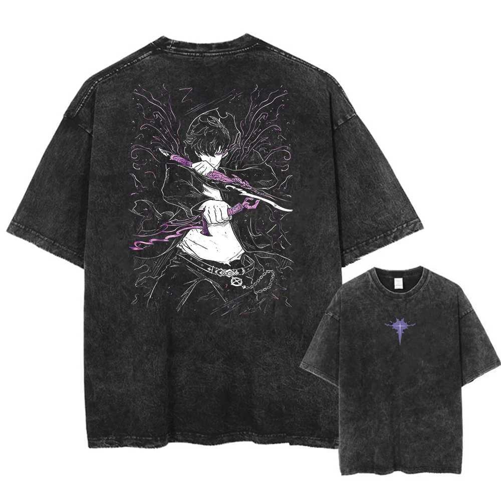 Mens Womens Vintage Washed Cotton T Shirt Streetwear Anime Solo Leveling Graphic Print Tops Harajuku Loose Short Sleeve TeesT250207