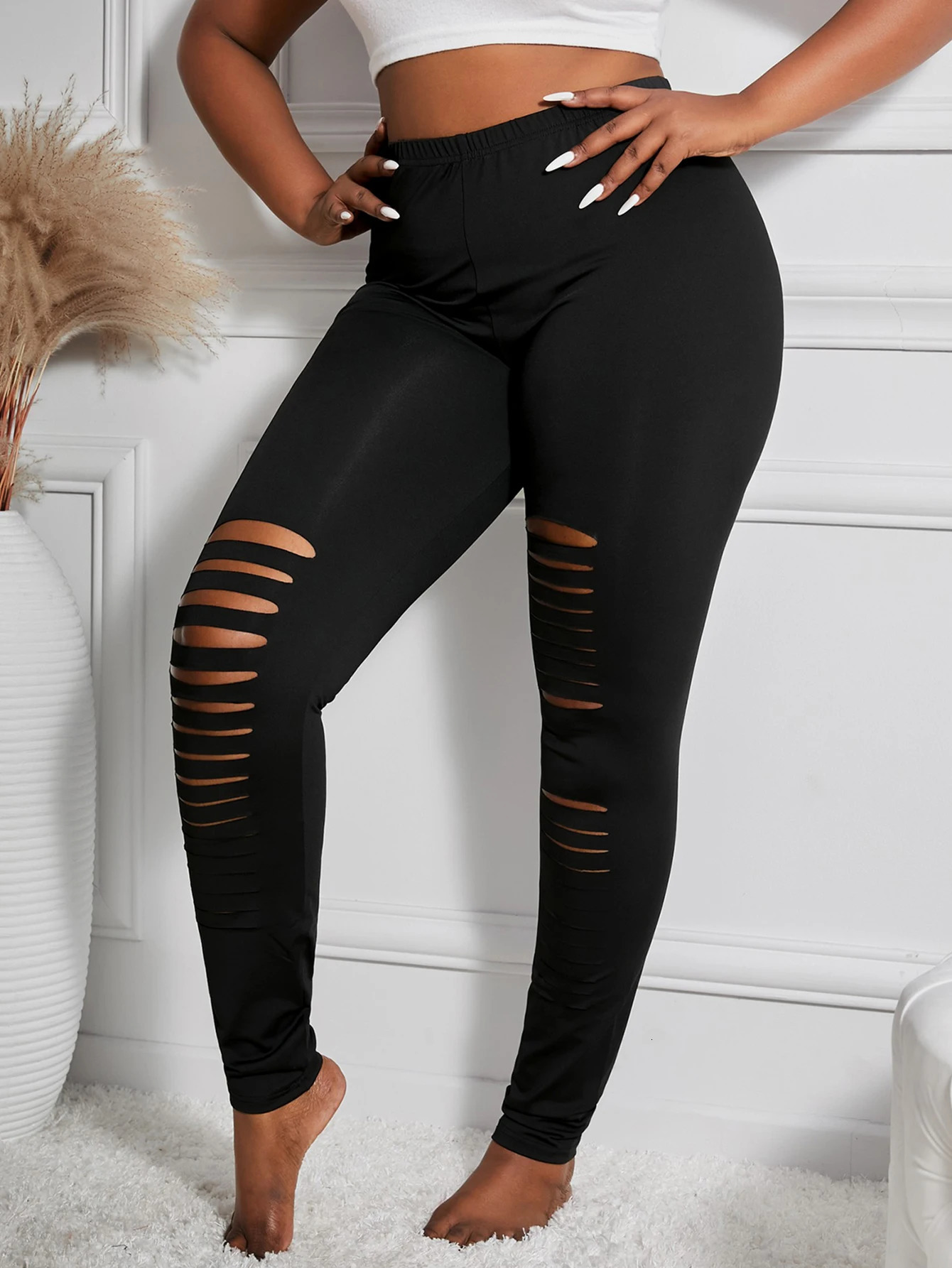 Fashion Black Irregular Ripped Leggings Black High Stretch Tights Personality Solid Color Nine-point Pants Plus Size Women 250207