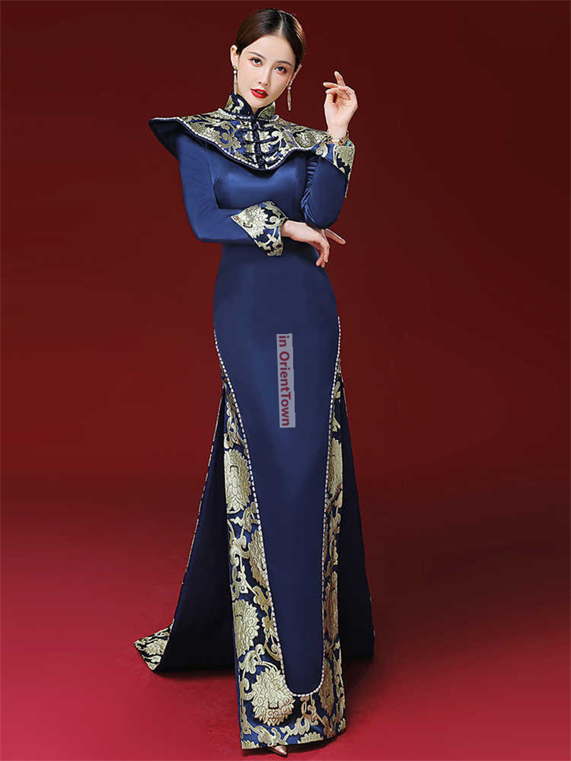 Chinese Style Model Blue Cheongsam Red Carpet Show Clothing High End Tailing Performance Costume Host Banquet Evening Dress