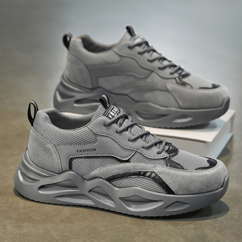 Men Sports Shoes Thick Sole Simple Casual Style Versatile Mesh Breathable Triple Black Grey fashion