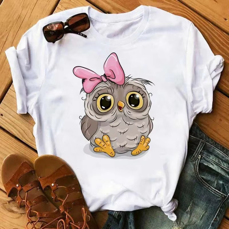 Cartoon Owl Graphic Print Women Men Fashion Vintage Haruku Short Sleeve Crew Neck Plus Size T Shirt Unisex
