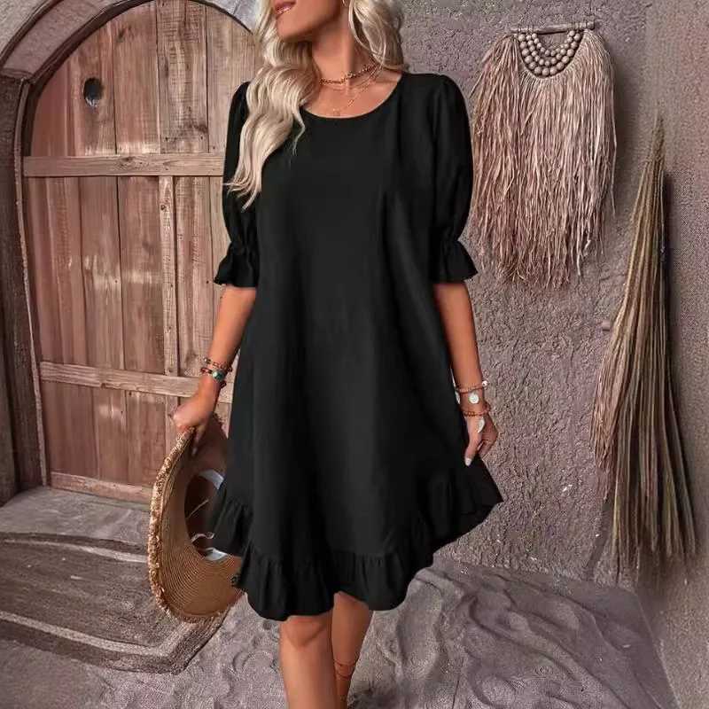 Womens Retro Cotton And Linen Mid Sved Round Neck Solid Color Loose Hem Dress For Summer Y2k Clothes Robe Femme VertidosXJ2500207