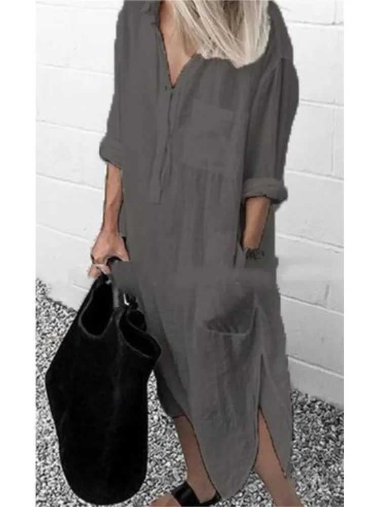 Spring Summer Womens Solid Color Loose Split Shirt Midi Dress Ele Casual Button Pocket V-Neck Long Sve Long Dress 2024XJ2500207