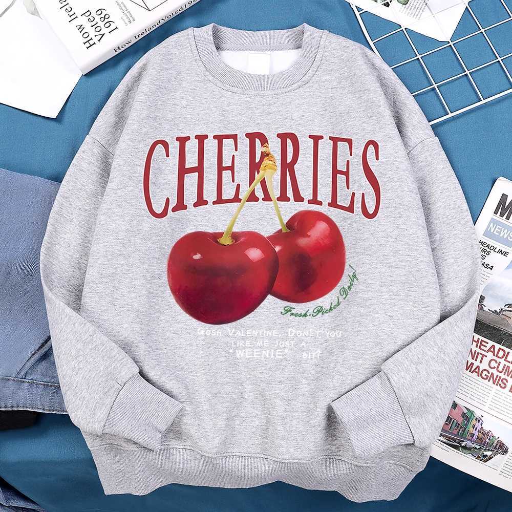 Cherries Fashionable Fruits Print Hoodie Mens Harajuku O-Neck Sportswear New Loose Clothing Street Fashion Fleece Clothes Women W250207