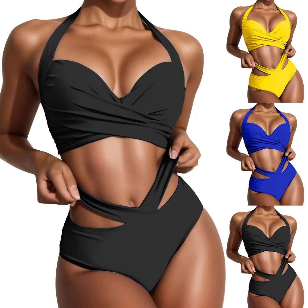 Women Solid Halter Tube Top Cross Ruched Wrap Chest Crop Tops High Waist Hollow Bikini Set Two Pieces Swimsuit Swimwear