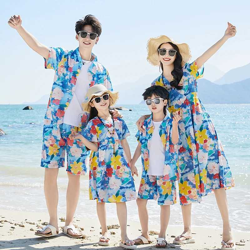 Summer Beach Family Matching Outfits Mom Daughter Floral Dresses Dad Son Shirts/T-shirt+Shorts Couple Clothes Holiday Seaside W250207