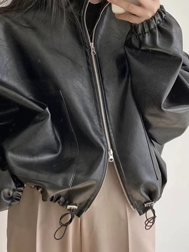 PU Leather Jacket Women Y2k Street Fashion Zipper Loose Female Crop 2025 Spring Long Sleeve Stand Neck Moto Biker Lady Coat