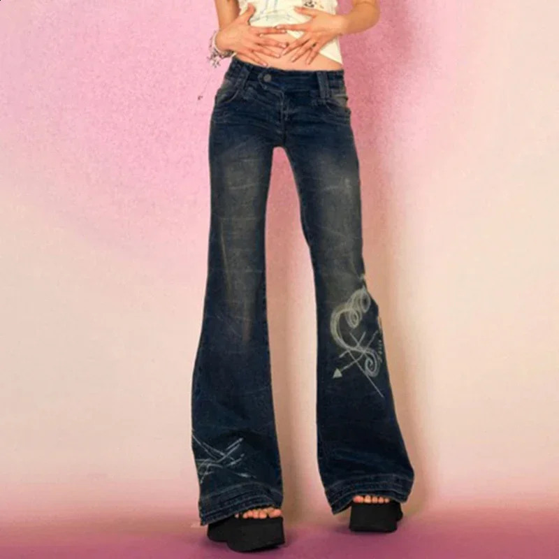 Y2K Grunge Fairycore Chic Skinny Low Rise Flared Jeans Women Vintage Aesthetic Heart Printed Denim Trousers Boot Cut 250206