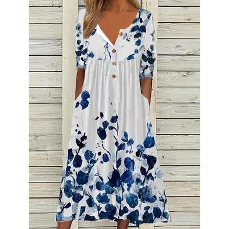 European and American Spring Popular Printed V-neck Button Short Sleeve for Women's Pocket Long Dress 2024 New Casual Fashion Trendy Clothing