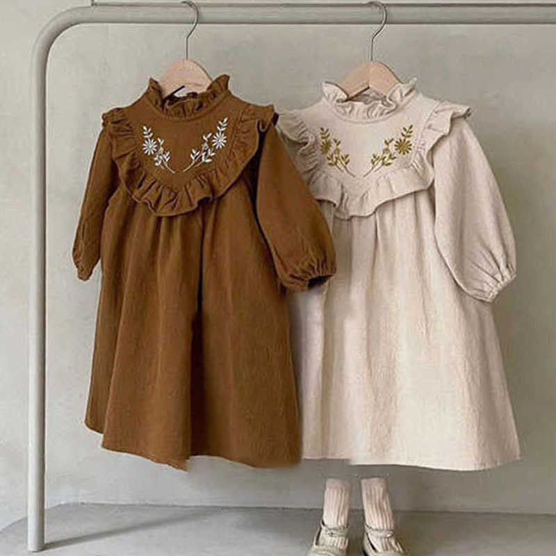 7342 Ins Girl Mother and Daughter Long Sleeve Embroidered Flower Dress Baby Clothing Family Match W250207 J250625