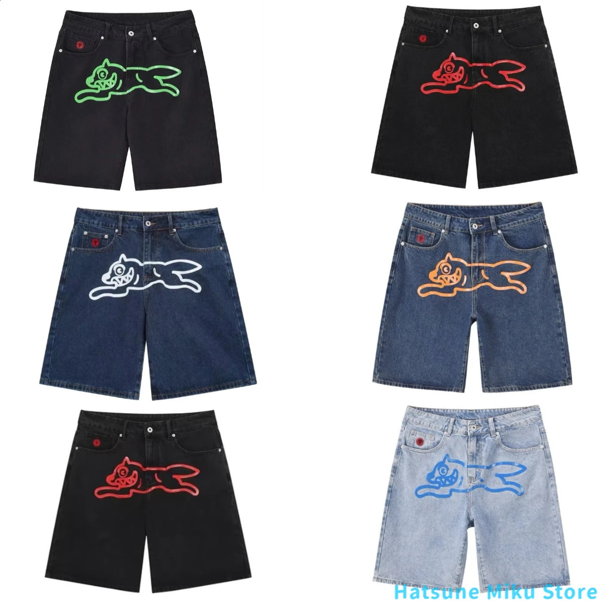 Summer Y2k Streetwear Mens Denim Shorts Hip Pop Dog Printed Male Knee Length Jeans Wide Leg Baggy Shorts Pants 250303