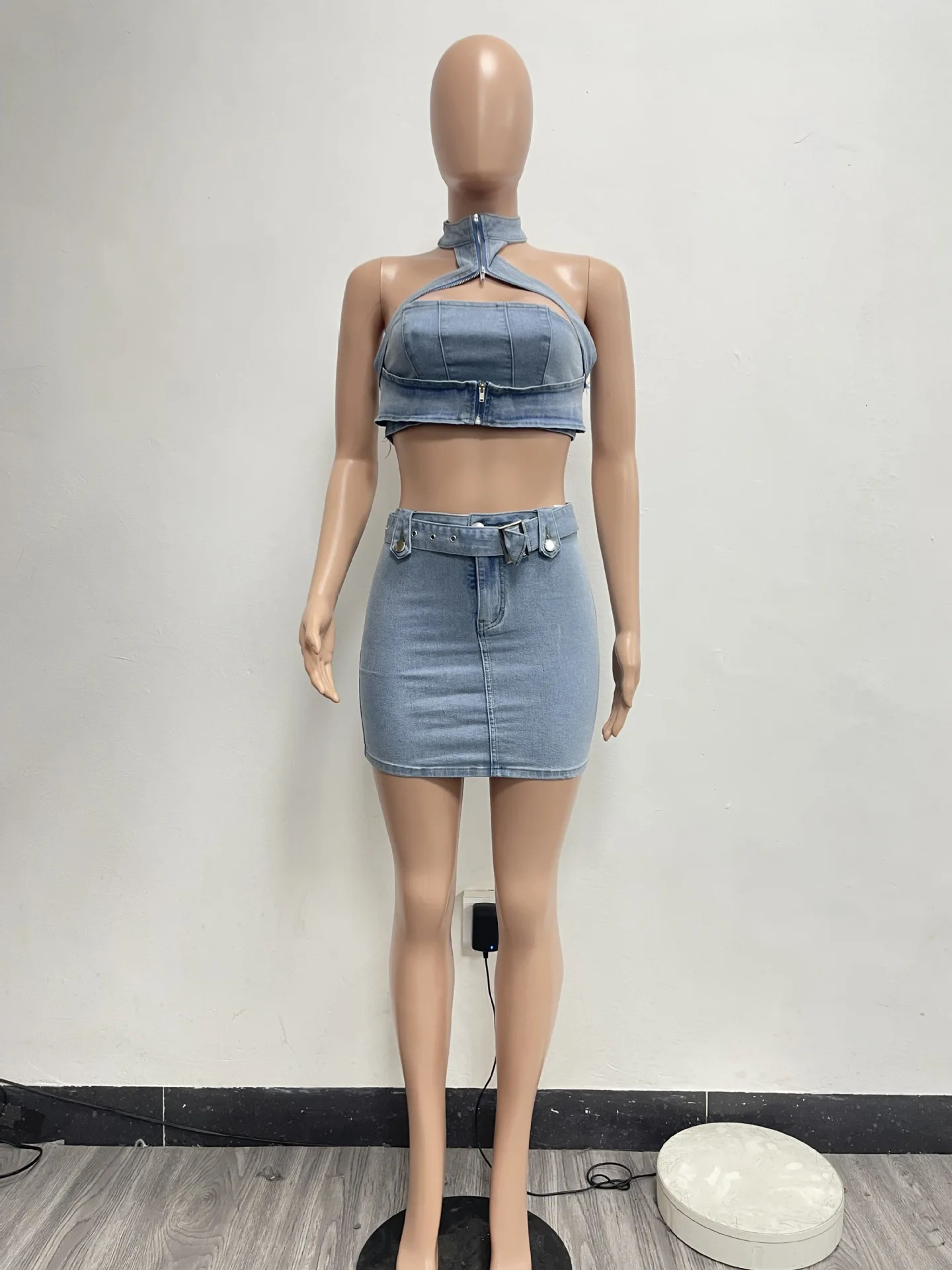 Lady Hollow Out Denim Mini Skirt Outfit Set Sexy Women Elegant Two Pieces Jeans Club Matching Set TopCargo Skirt 250207