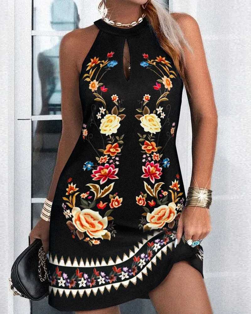 Women Halter Floral Print Mini Loose Dress Summer Fe Sveless Halter Beachwear Sundress SZE-ST23013XJ2500207