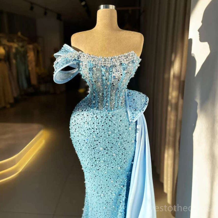 2024 Prom Black Women Blue Evening Dresses Elegant One Shoulder Illusion Sequined Lace Mermaid Birthday Dress Second Reception Gowns For Ocn Am608