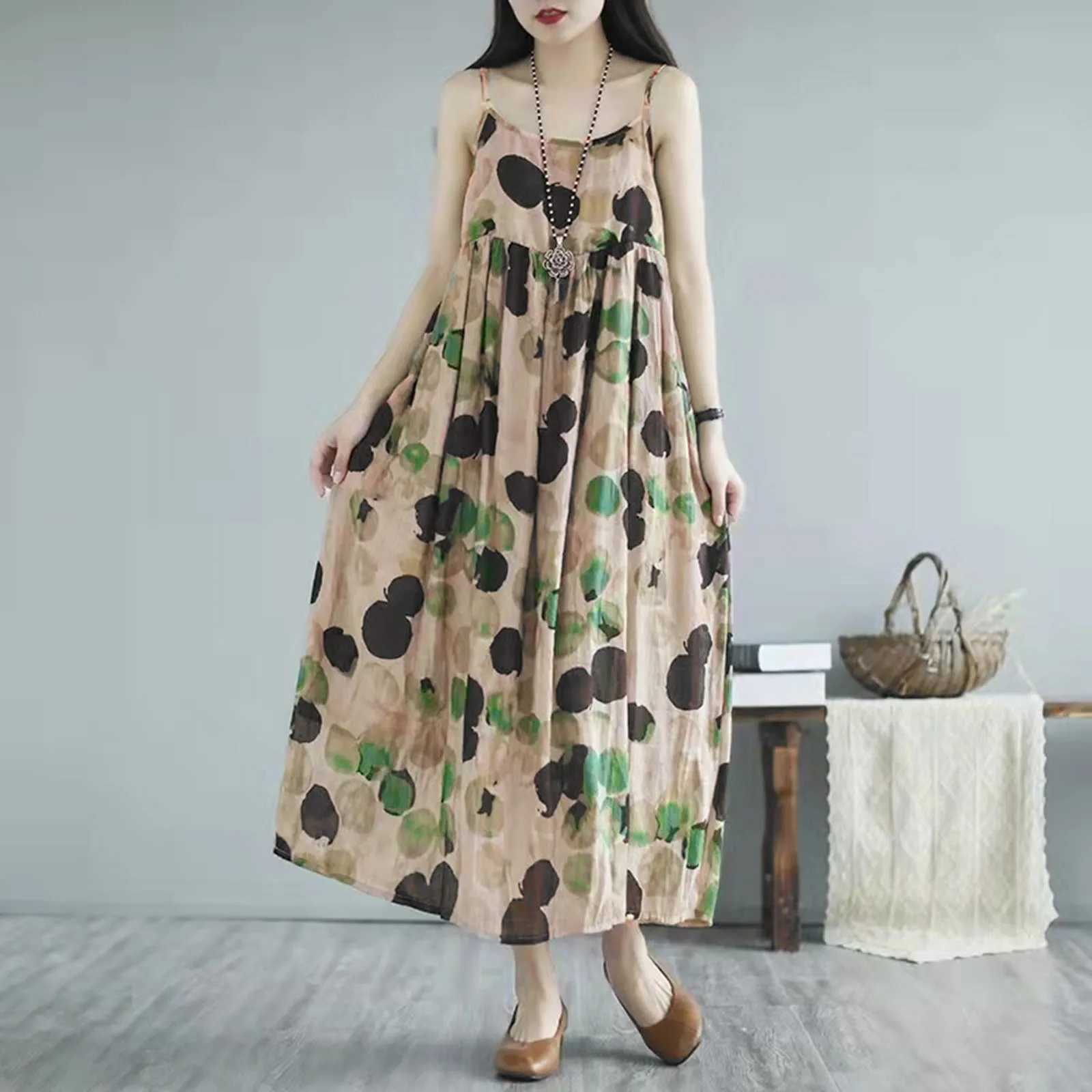 Lady Spaghetti Strap Dress Summer Sdging Polka Dot Big Swing Temperament Ele Thin Artistic Long Strap Lined Midi DressXJ2500207
