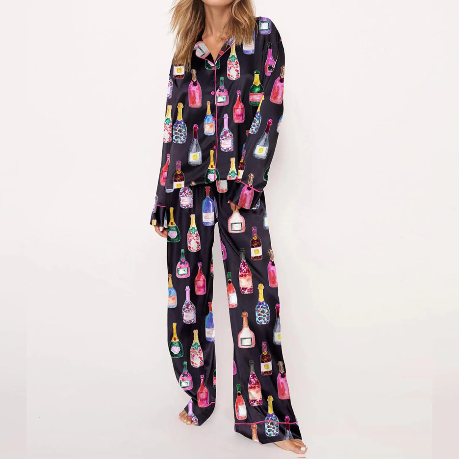 Womens Spring Fall Loungewear Wine Bottle Print Long Sleeve Lapel Button Shirt with Long Pants Loose 2 Pieces Sleepwear Set 250207