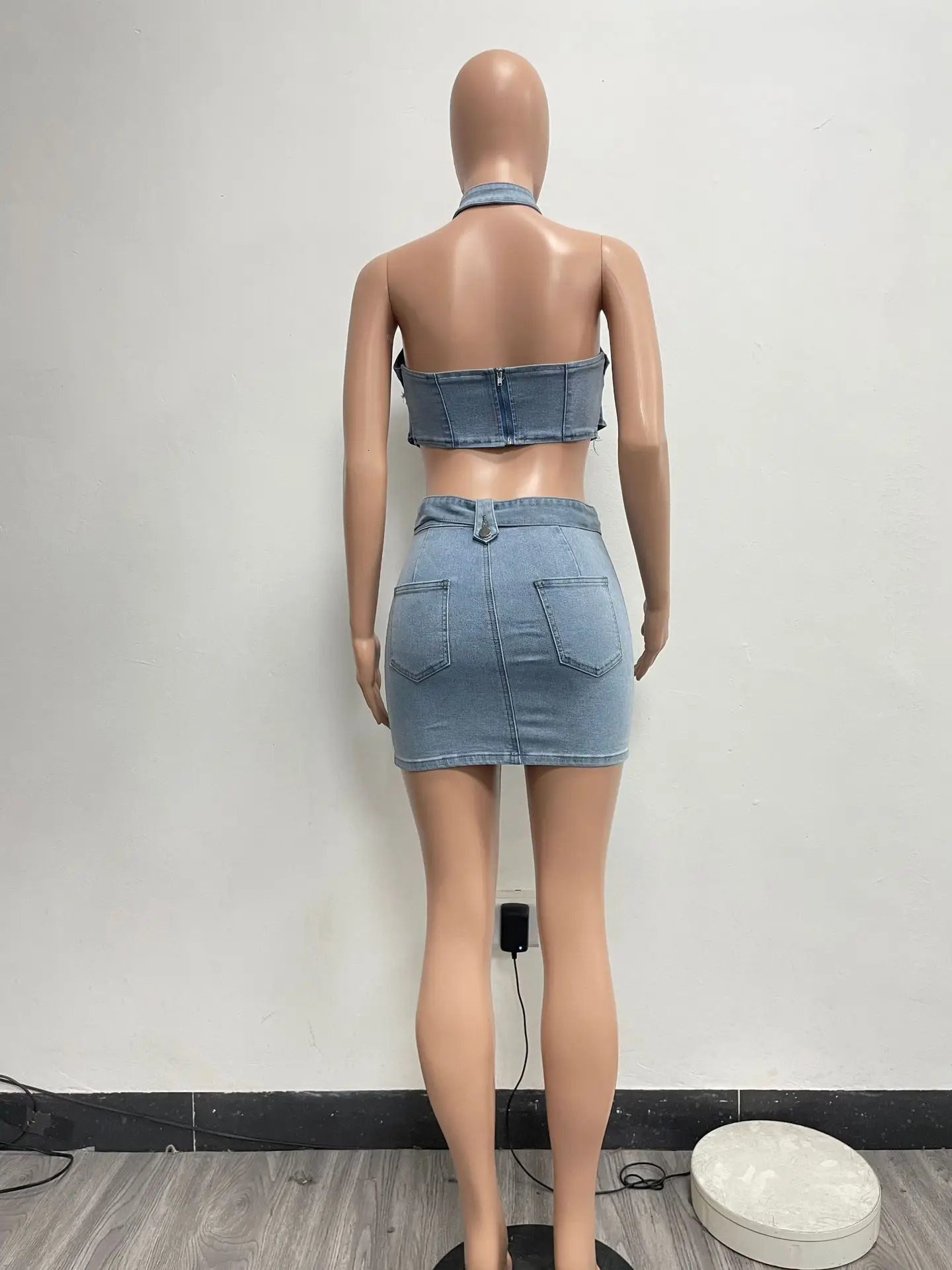 Lady Hollow Out Denim Mini Skirt Outfit Set Sexy Women Elegant Two Pieces Jeans Club Matching Set TopCargo Skirt 250207