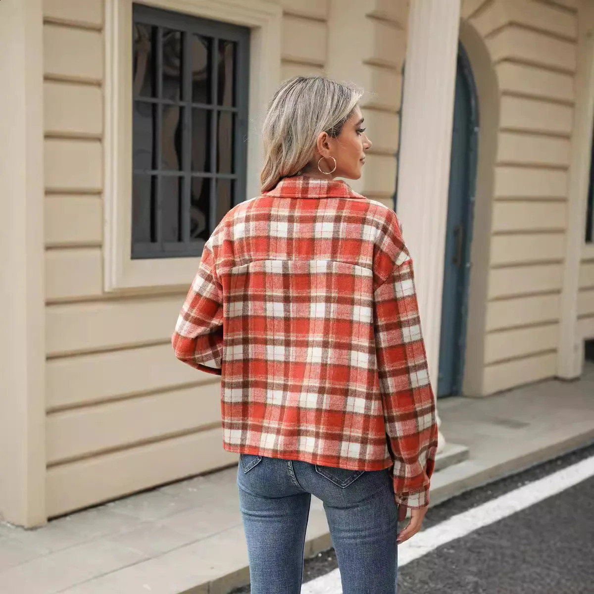Style Lapel Plaid Button Loose Long Sleeve Woolen Jacket 250109Z