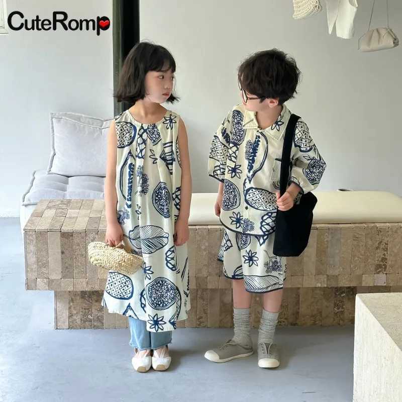 Irregular summer Drawing baby boy girl clothes casual dress Childrens clothing mother-kids Family Sibling look Beach outfit set W250207
