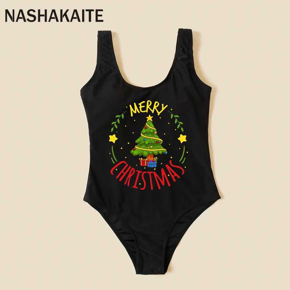 NASHAKAITE Christmas Family Matching Clothes Mommy And Me Swimwear Xmas Tree Print Swimsuit Mom And Daughter Family Swimwear W250207