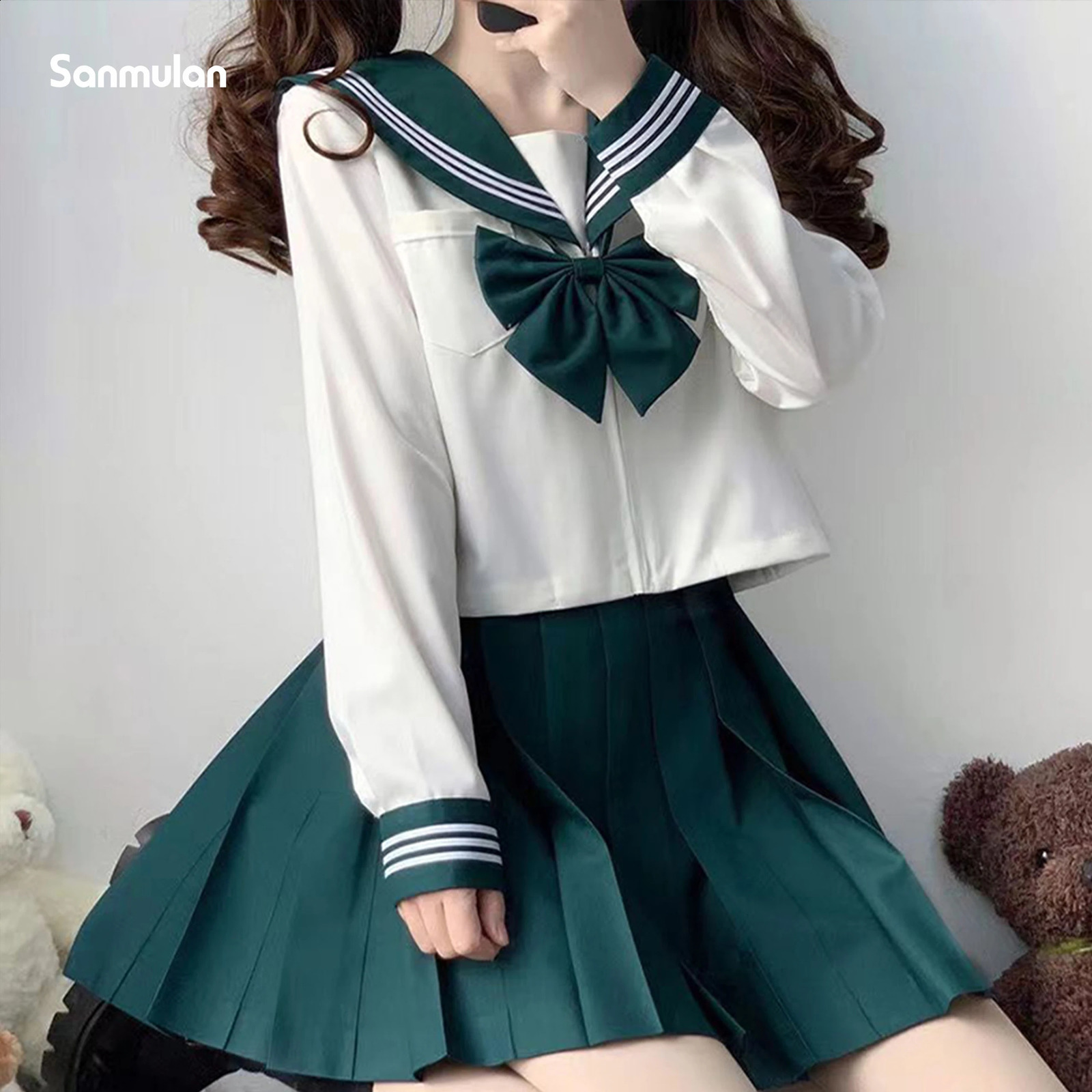 Japanese School Uniform SXXL Green JK Girl College Style Suit Sailor Costume Women Sexy Shirt Pleated Skirt 250122
