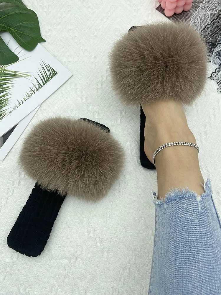 Fur Slippers Women House Flats Slides Summer 2023 Female Fi Real Fur Flip Flops Luxury Fluffy Slippers Women Sandals ShoesXJ250207