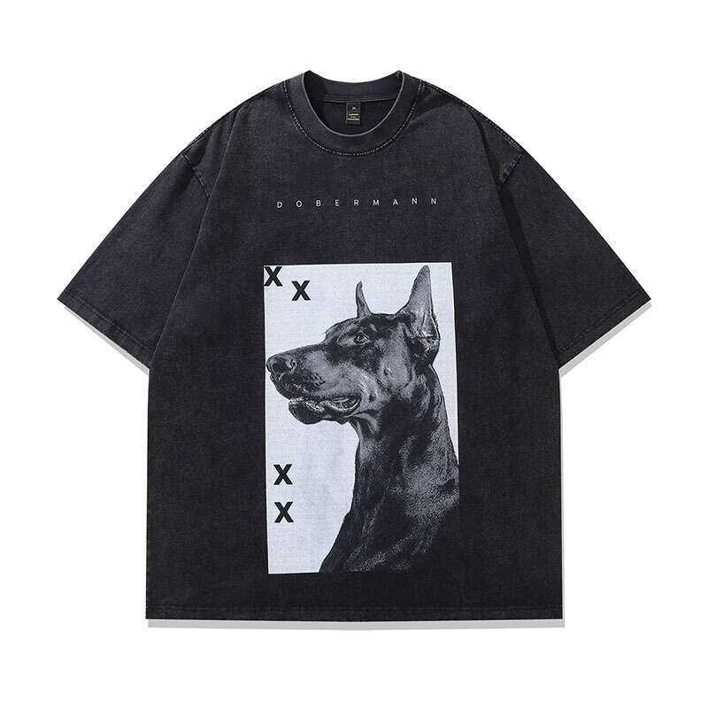 TKPA Doberman Print Wash Vintage High Fashion Brand Loose Round Neck Short Sleeve T-shirt for Men and Women Street