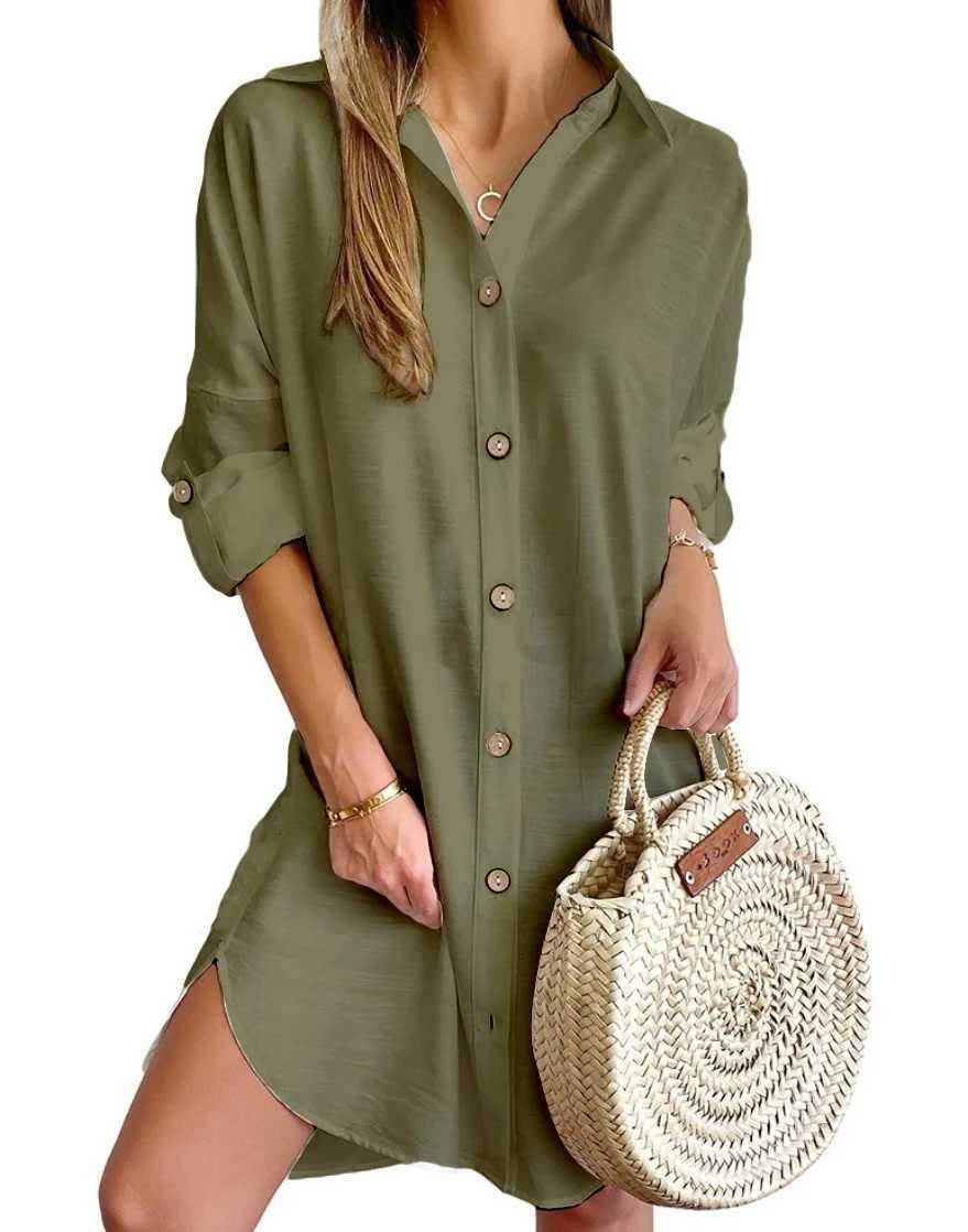Womens Solid Color Dress 2024 Spring Summer Comting Style Casual Long Sve Button Up Shirt Dress Fashion Mini DressXJ2500207