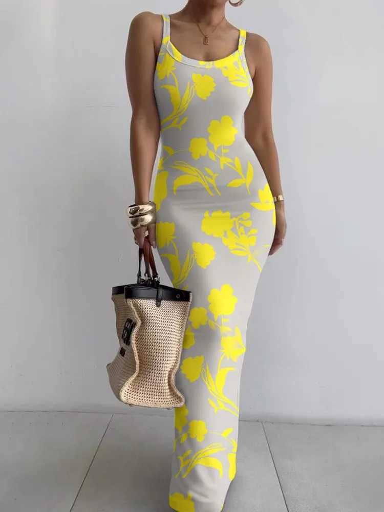 Summer Slim O-Neck Suspender Long Dress Womens Fashion Sexy Floral Printing Party Bodycon Dresses Fe Y2KXJ2500207