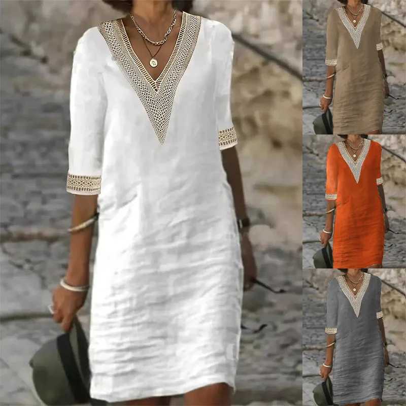 Womens Casual Midi Dresses 2025 Spring/summer Lace Cotton Linen White Dress Robes Vestido Branco Vestidos De jerXJ2500207