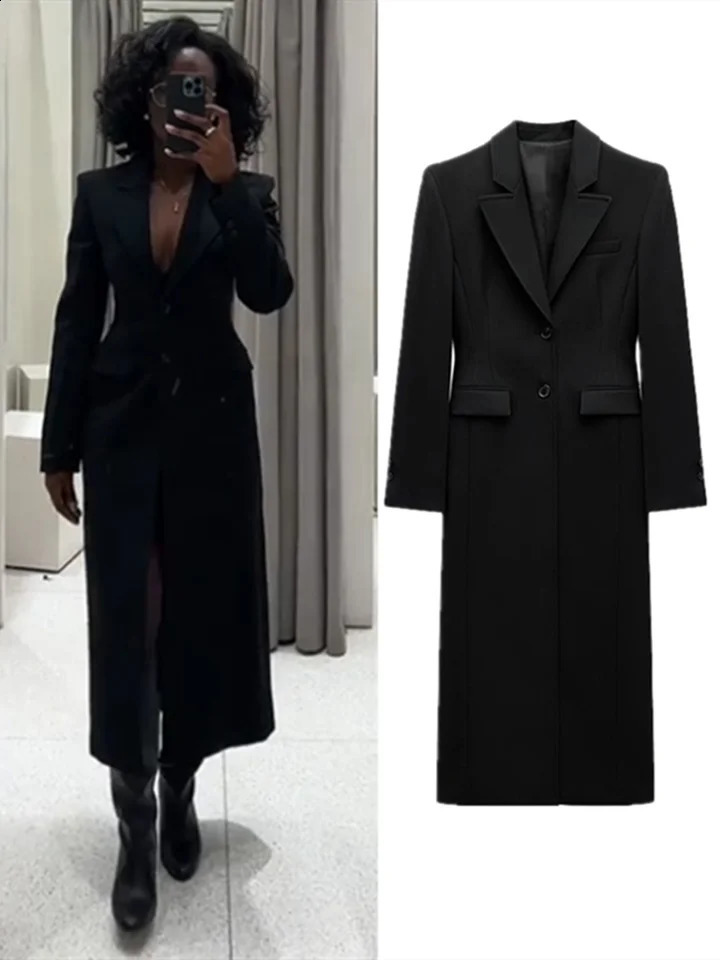 Elegant Womens Suit Jacket Double Breasted Lapel Pocket Slim Long Coats 2025 Spring Lady Streetwear Commute Outerwears 250109Z