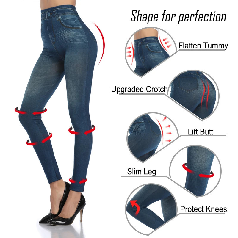 High Waist Faux Denim Print Leggings Women Sexy Skinny Pencil Pants Tummy Control Seamless Shapewear Trousers No Pocket 250206
