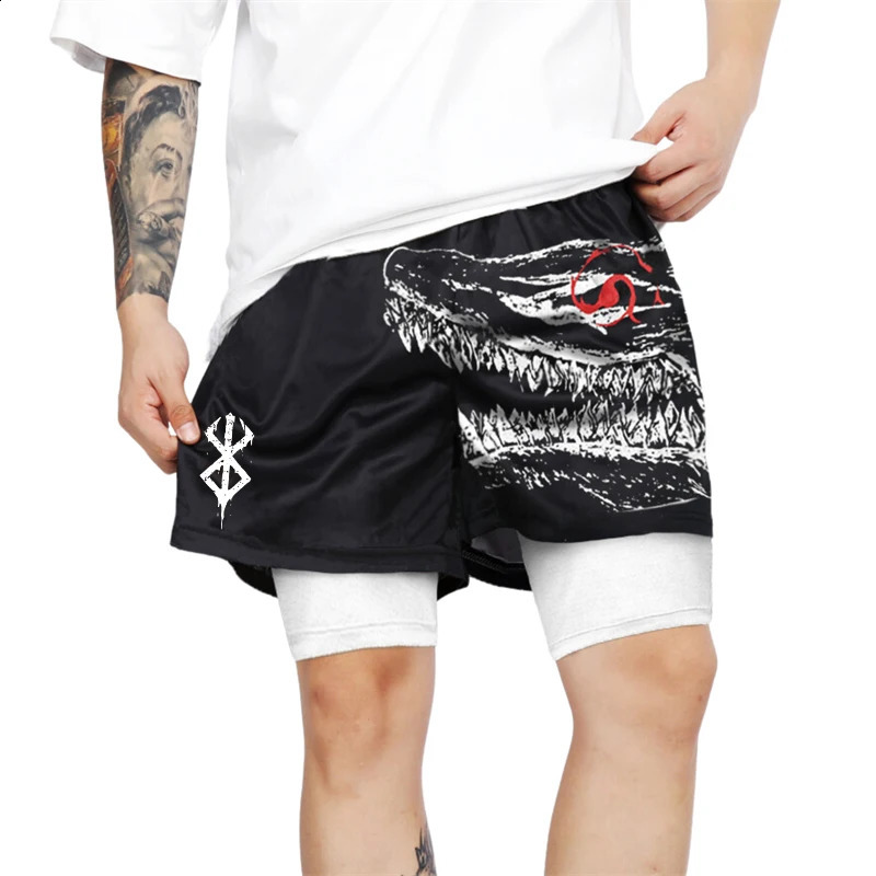 Berserk Print 2 in 1 Running Shorts for Men Gym Workout Fitness Athletic Shorts with Pockets Summer Activewear Quick Dry Stretch 250206