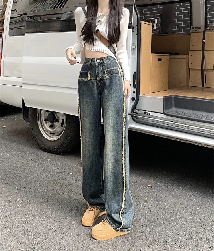 150 Petite girls American vintage furred jeans for women High waisted straight leg wide mop xs with a height of nine points 250206