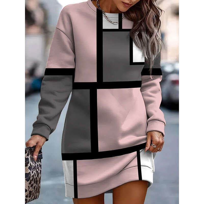 Autumn winter European and American women's hot selg printed contrasting round neck hoodie dress 2024 temperament versatile new trendy clothing i