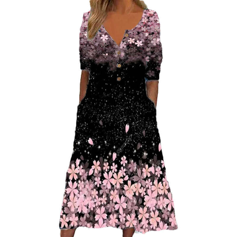 European and American Spring Popular Printed V-neck Button Short Sleeve for Women's Pocket Long Dress 2024 New Casual Fashion Trendy Clothing