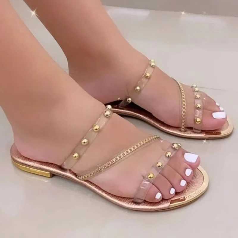 Summer Women Shoes 2023 Fi Comfort Metal Head Slippers Women Transparent PVC Flat Sandals Zapatillas De MujerXJ250207