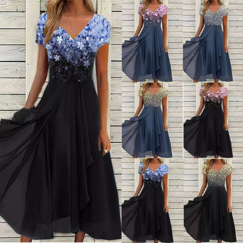 European American Summer Urban Leisure Fashion Chiffon Splicing Women's Dress 2024 New Style Unique and Elegant Clothing