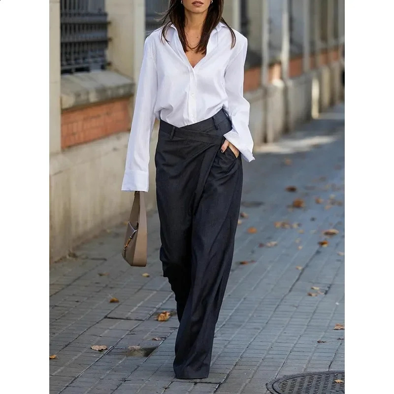Modigirl Trendy Womens Suit Pants Autumn Spring Loose Wide Leg Asymmetric Solid Color SplitJoint High Waisted Formal Trousers 250206
