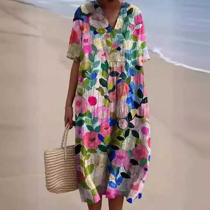 Women Floral Print Summer Mini Dresses Colorful V Neck Short Sve Casual Loose Vacation Workout Beachwear Dress Robe Tr 2025XJ2500207