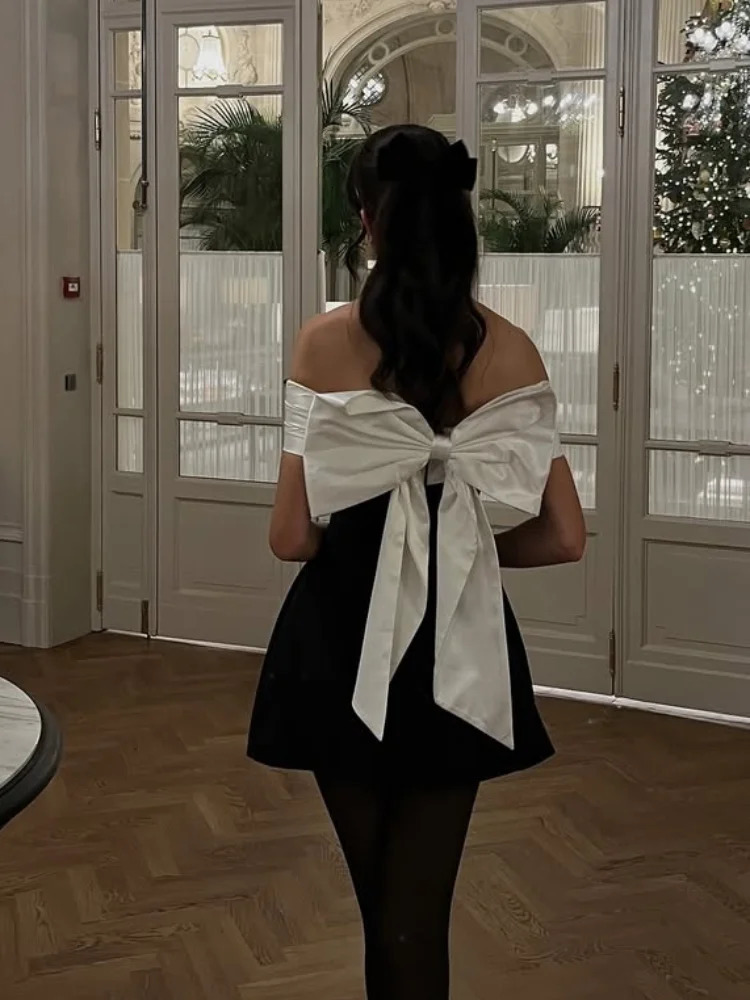 Womens Black and White Tail Tie Dress Sexy Shoulder Back Sleeveless Short Sleeve Elegant Party 250206